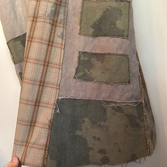 Upcycled patched over dyed fringe back sportsmen’s fish print plaid duster shirt